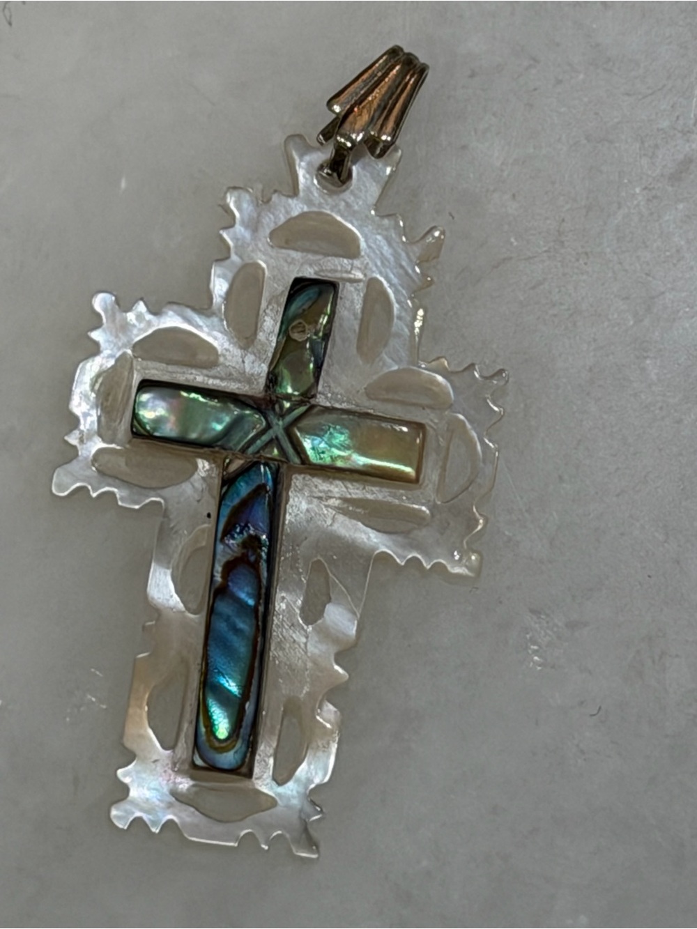 Hand Crafted Mother of Pearl Cross Pendant with Abalone